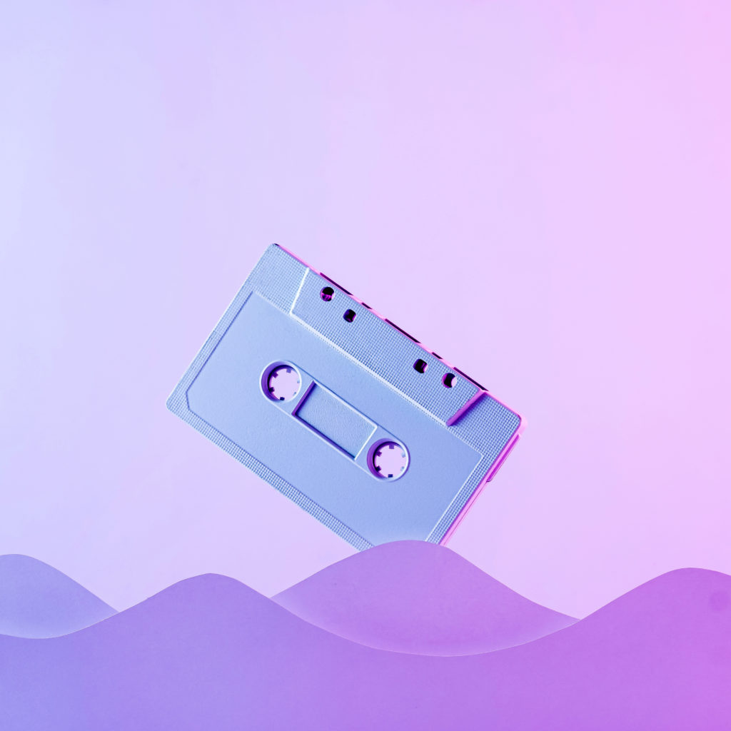 Trend cyber audio poster cassette and wave in neon seating in retro style 90s. A concept related to a guide to synthwave