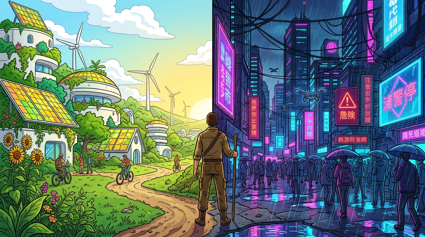 Neon Nights Or Sunny Days Choosing Your Future Aesthetic Choosing Your Path Between Dystopia And Utopia