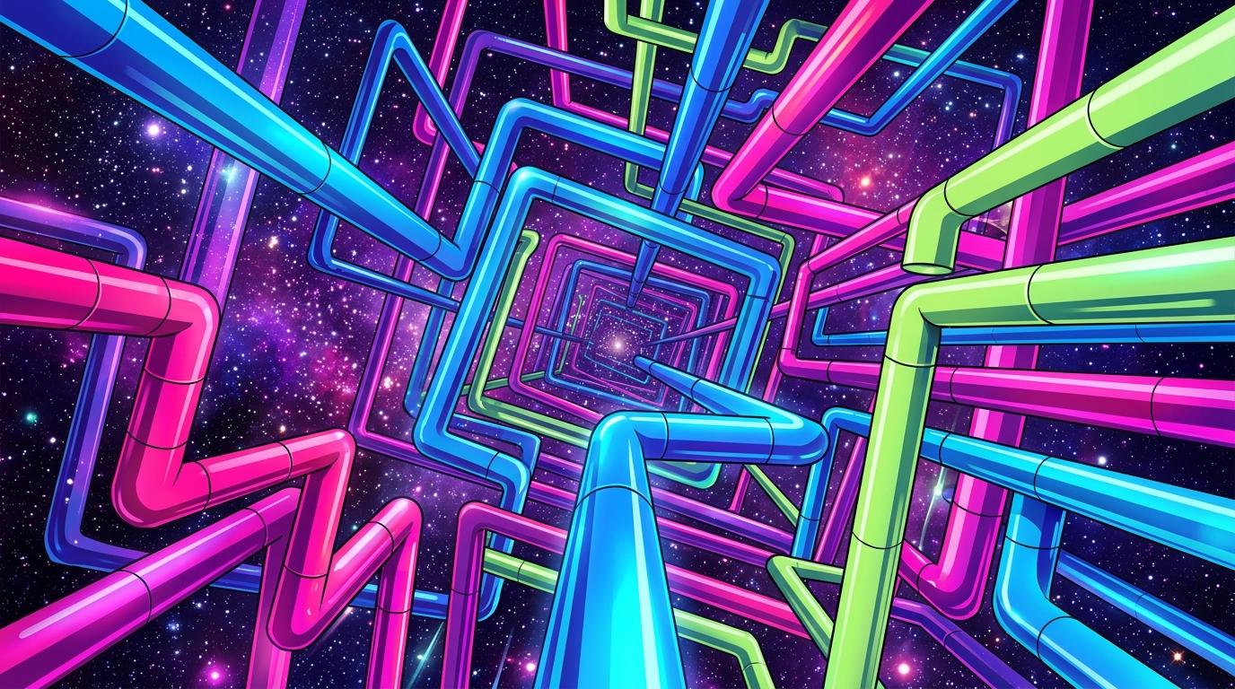 Hypnotic Neon Pipes And Cosmic Starfield Journeys