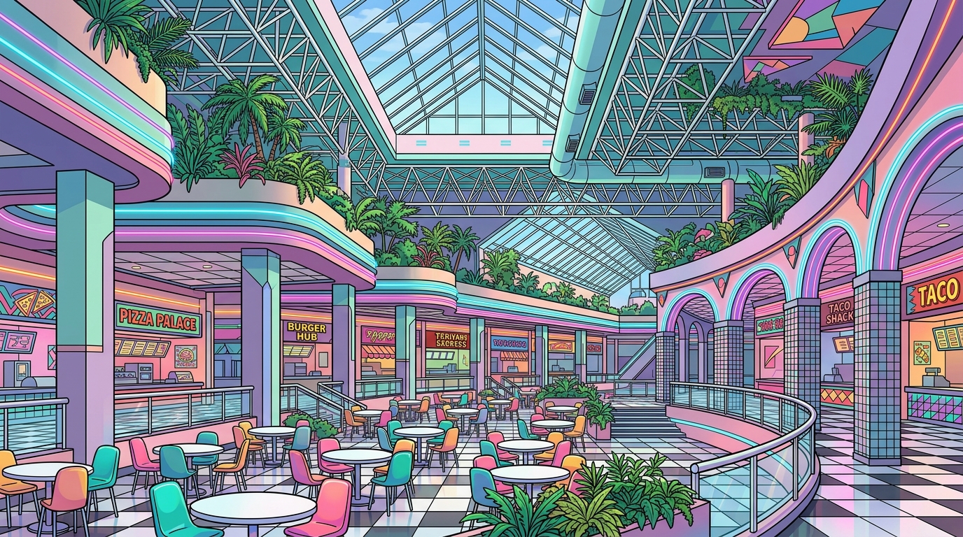 The Neon Glow Of Nostalgic Mall Food Court Architecture Featured Image